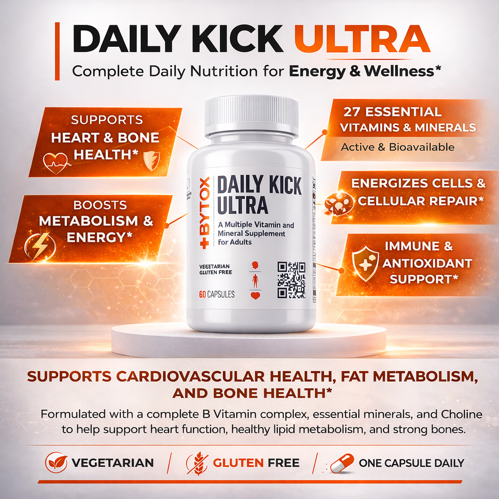Bottle of Daily Kick Ultra supplement with product details on a white background