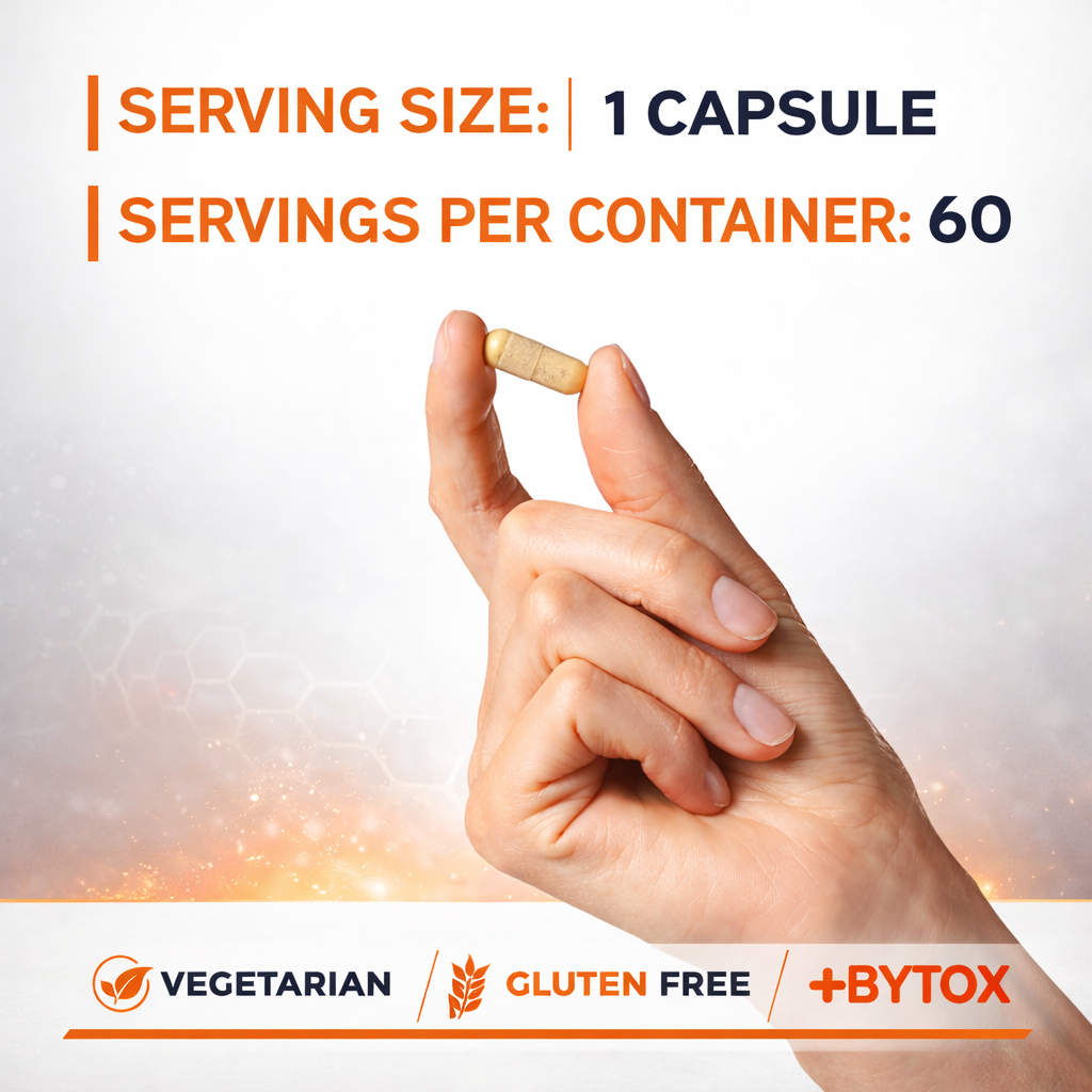 Hand holding a capsule with nutritional information and Bytox branding on a gradient background