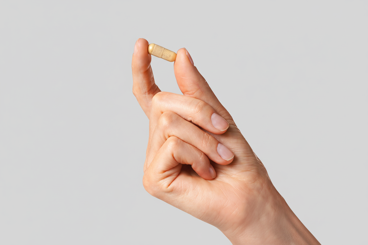 Hand holding a capsule with nutritional information and Bytox branding on a gradient background
