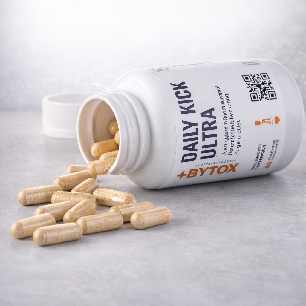 Open bottle of 'Daily Kick Ultra' with capsules spilling out on a light gray background