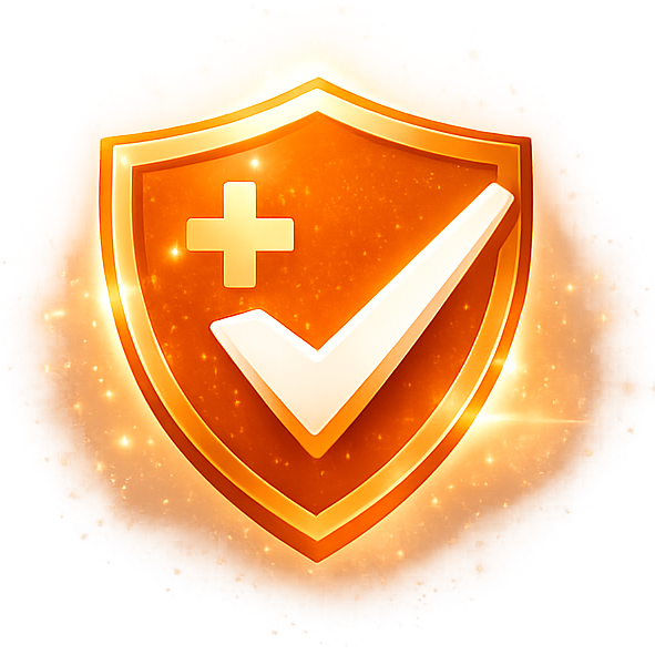Shiny shield icon with a check mark and cross on a white background
