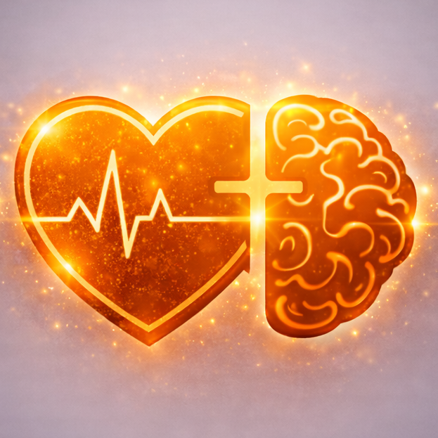 Illustration of a heart and brain with a heartbeat line on a gray background