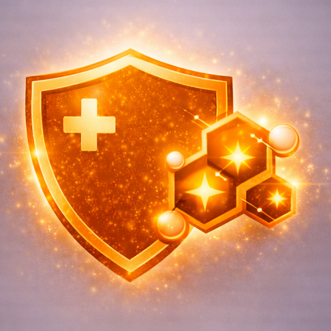 Shiny gold shield icon with a cross and honeycomb pattern on a light gray background