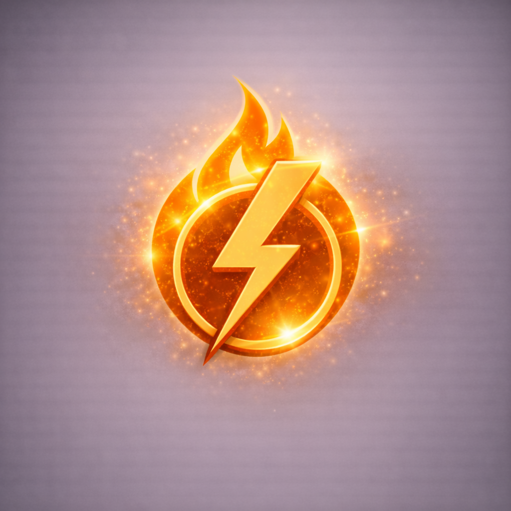 Gold lightning bolt symbol with flames on a gray background