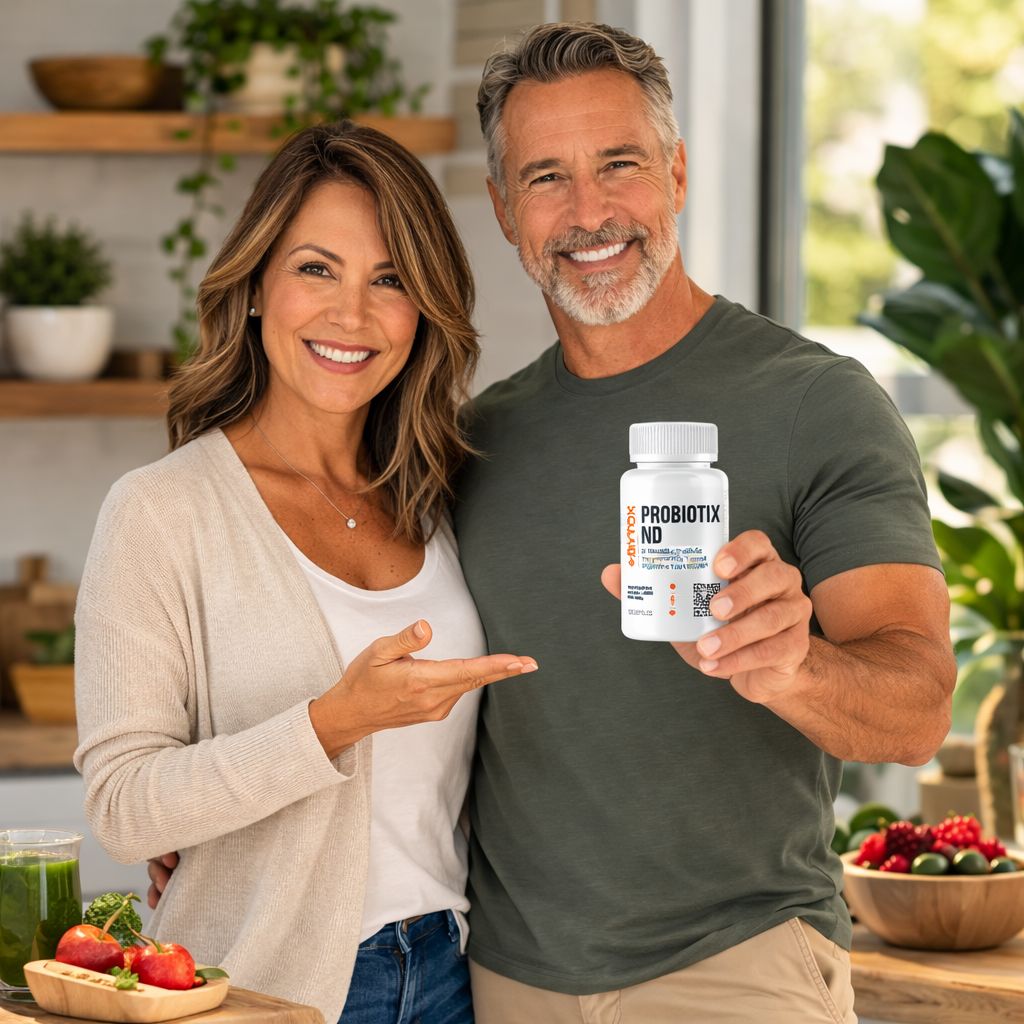 Man and woman holding a Probiotix bottle in a kitchen setting
