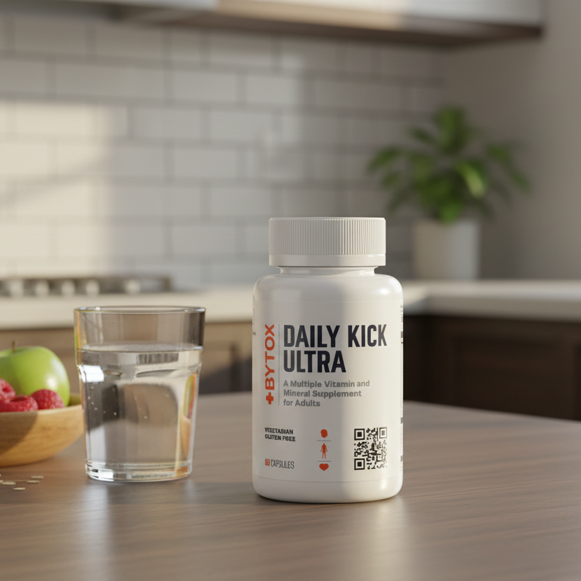 Supplement bottle labeled 'Daily Kick Ultra' by Bytox on a dark blue background