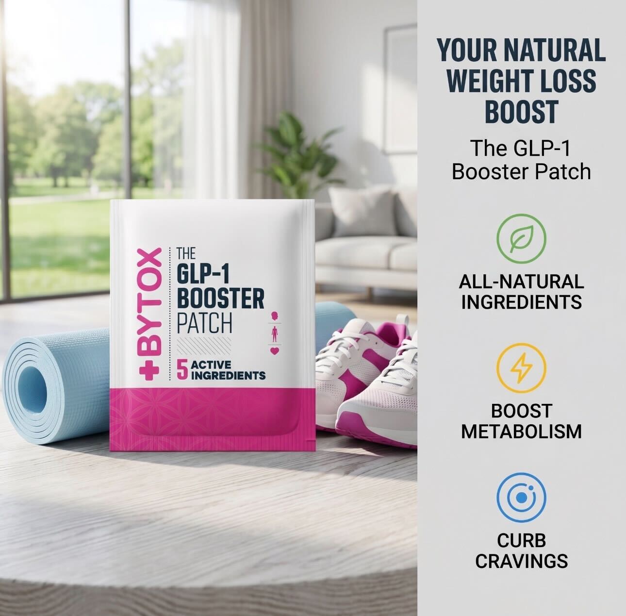 GLP-1 Booster Patch packaging on a table with lifestyle background