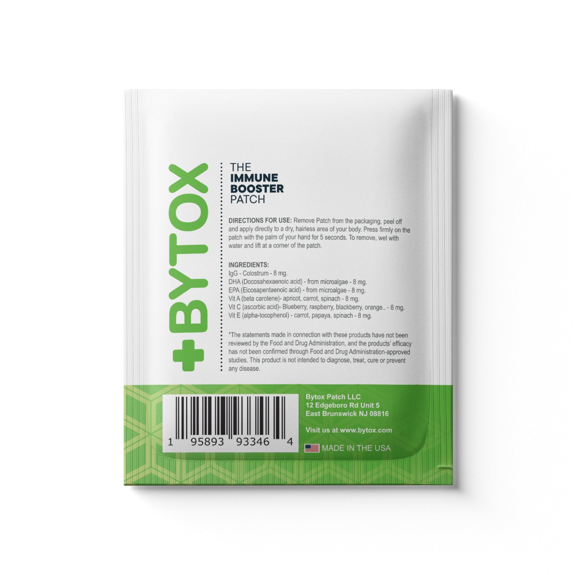 BYTOX Immune Booster Patch back of package showing directions and the six active ingredients