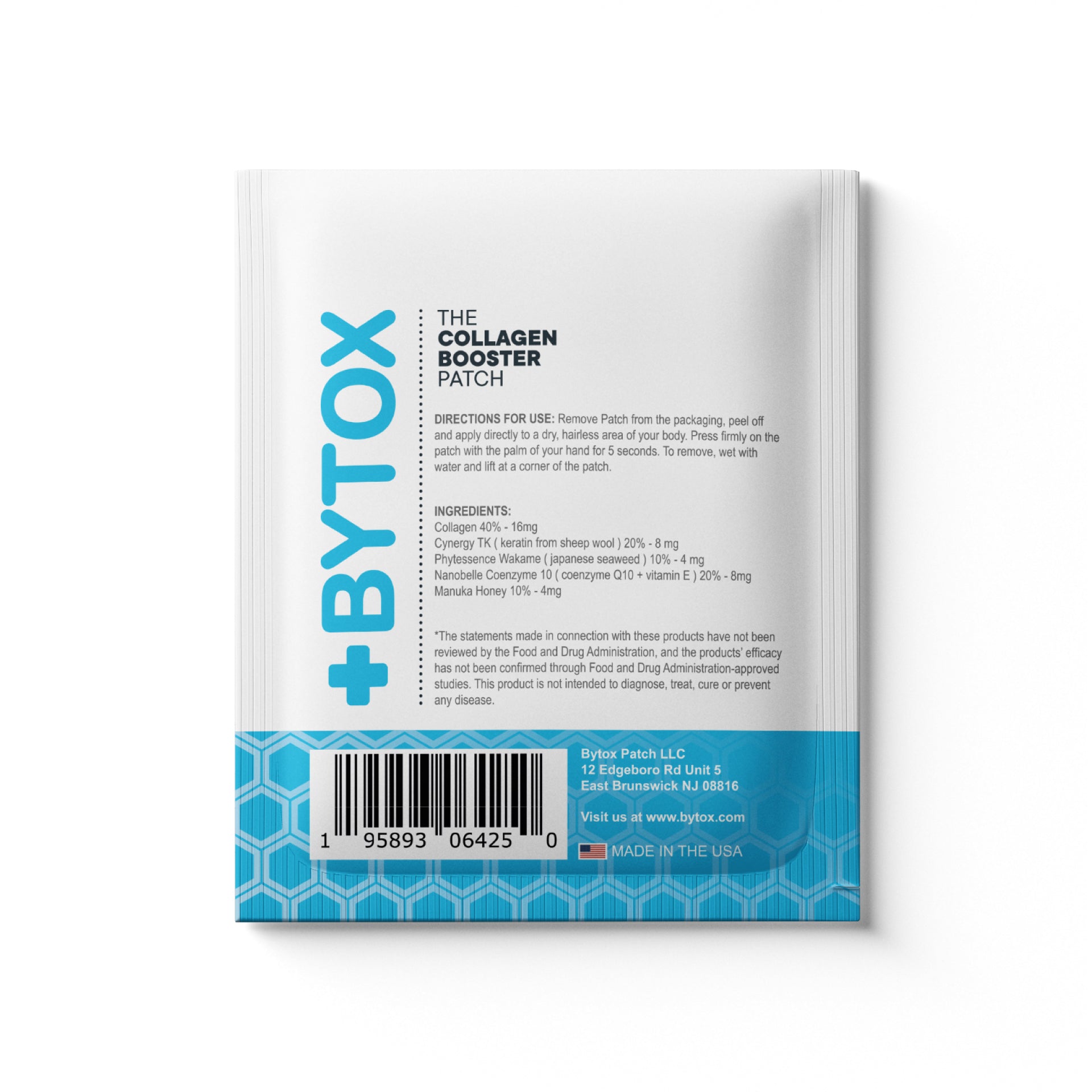 BYTOX Collagen Booster Patch back of package showing directions and the five active ingredients