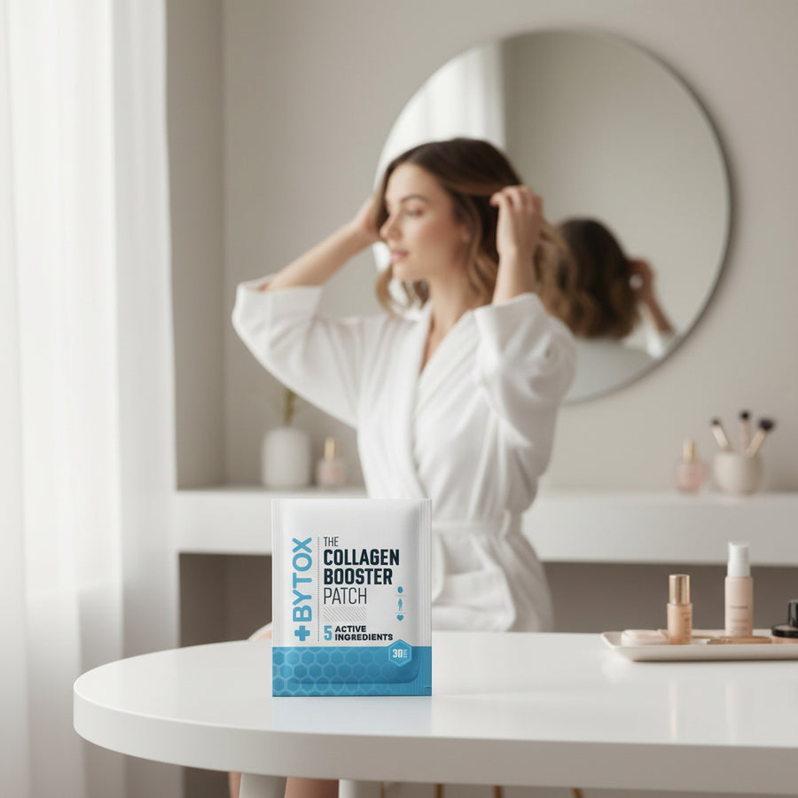 Collagen booster patch packaging with Bytox branding on a white background girl in background 