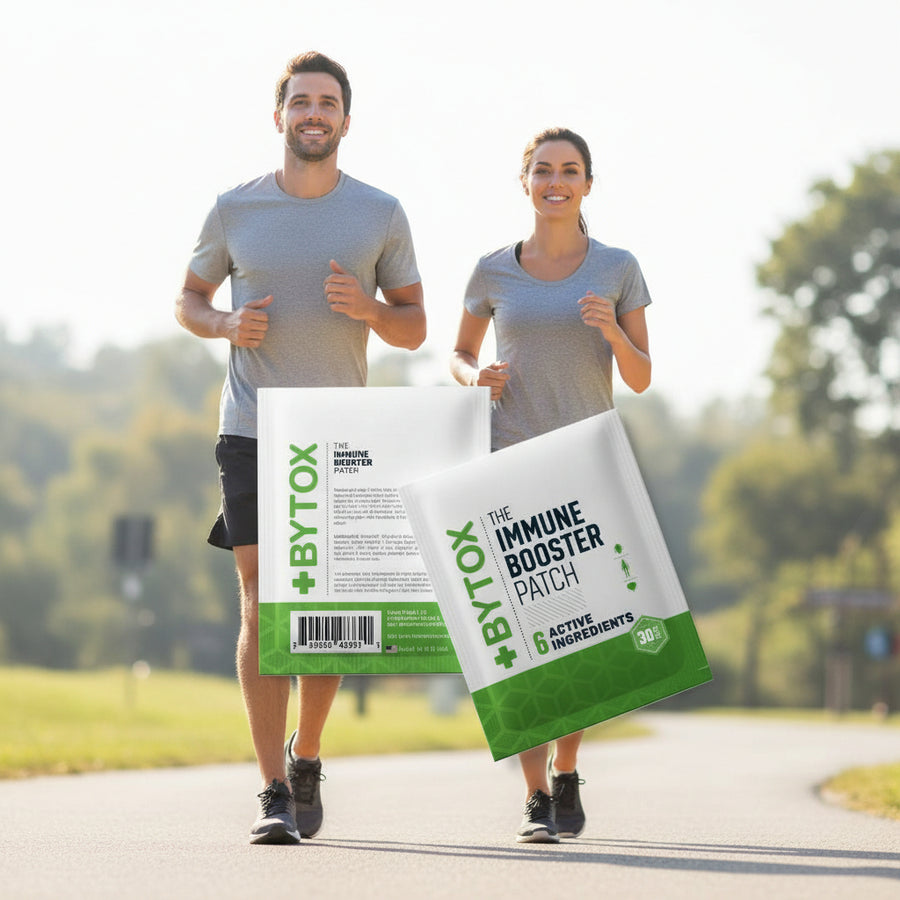 Two immune booster patches by BYTOX immune boost with 2 people running in background 