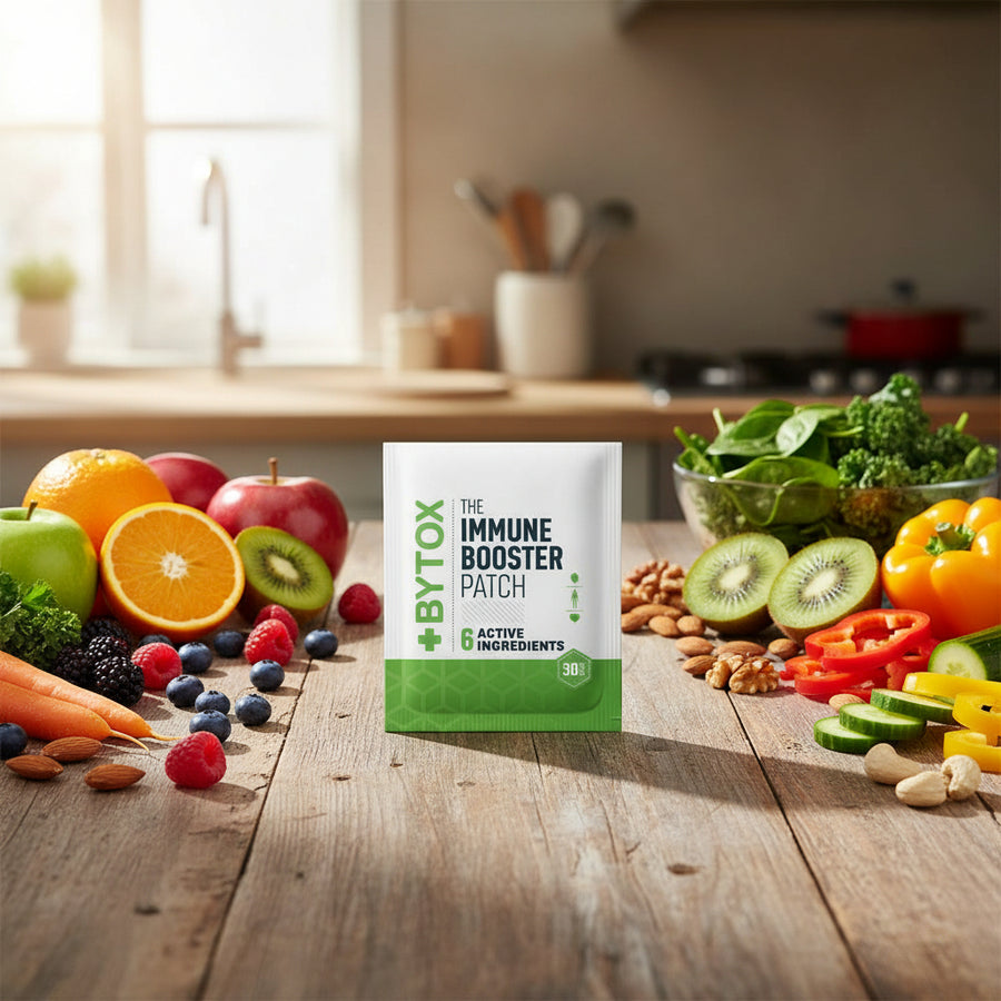 Immune booster patch packaging with green and white design on a white background