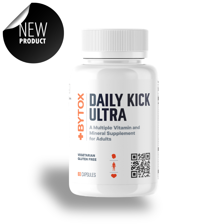 Supplement bottle labeled 'Daily Kick Ultra' by Bytox on a white background