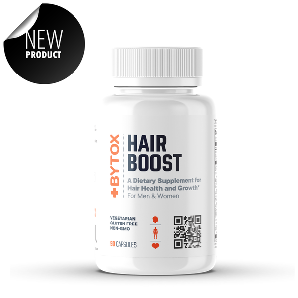 Hair boost supplement bottle with Bytox branding on a white background