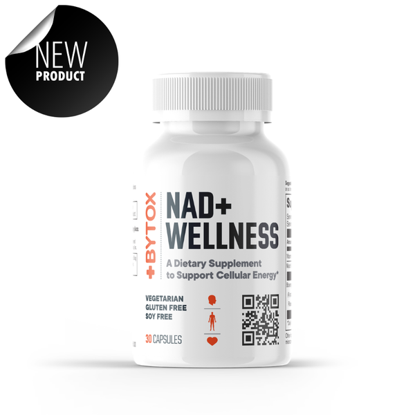 Supplement bottle labeled 'NAD+ Wellness' by BYTOX on a white background