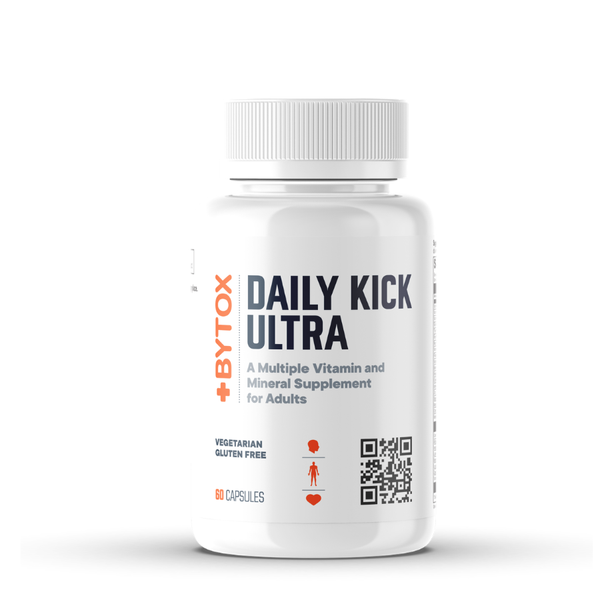 Supplement bottle labeled 'Daily Kick Ultra' by BYTOX on a white background