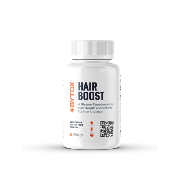 Hair supplement bottle labeled 'Bytox Hair Boost' on a white background
