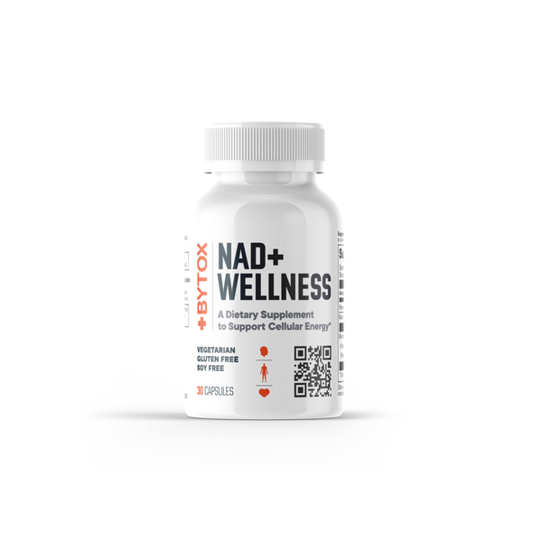 A white bottle of Bytox NAD+ Wellness dietary supplement capsules, shown on a clean white background with a soft shadow.