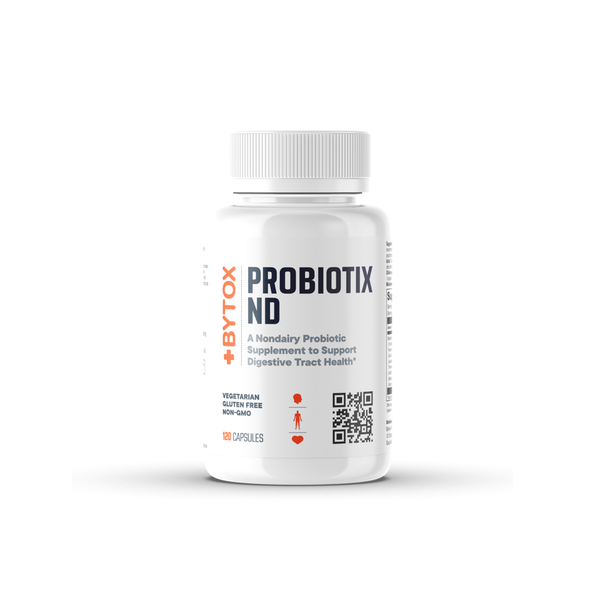 A white plastic bottle of Bytox Probiotix ND dietary supplement capsules, featuring a white cap and a white label with black and orange text.