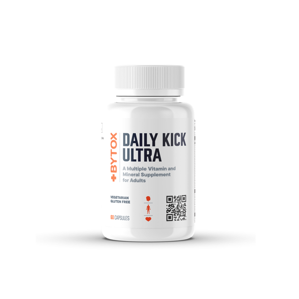 A white bottle of BYTOX Daily Kick Ultra supplement capsules, featuring a white cap and a white label with black and orange text, set against a plain white background.