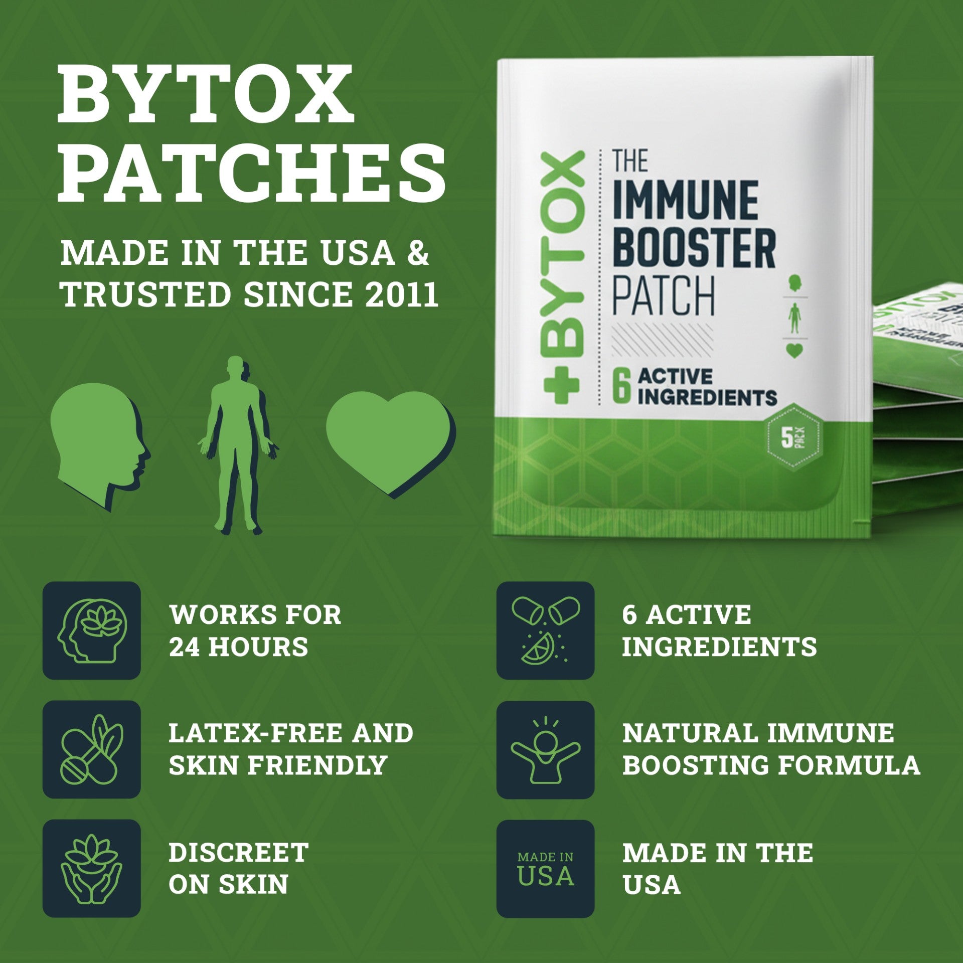 Bytox immune booster patch packaging with product details on a green background