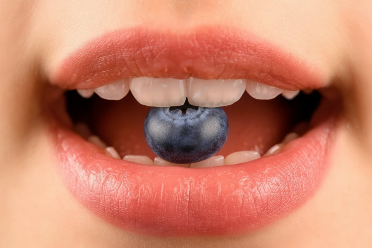Close-up of a person taking a yellow supplement capsule. BYtoc Patches 