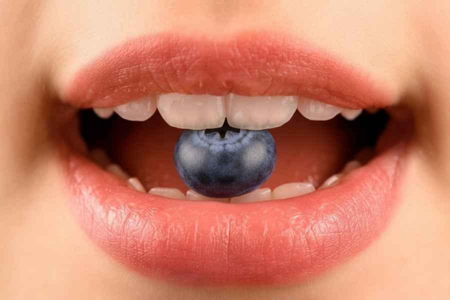 Close-up of a person taking a yellow supplement capsule. BYtoc Patches 