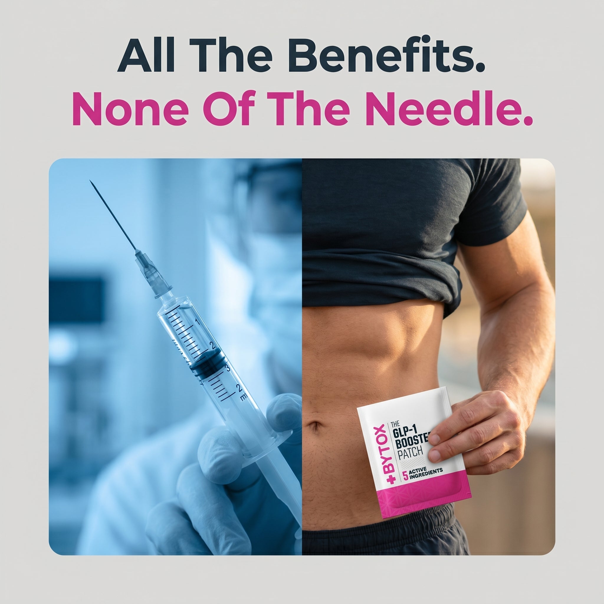 Advertisement for a alternative to injections with a syringe and a patch, text 'All The Benefits. None Of The Needle.'
