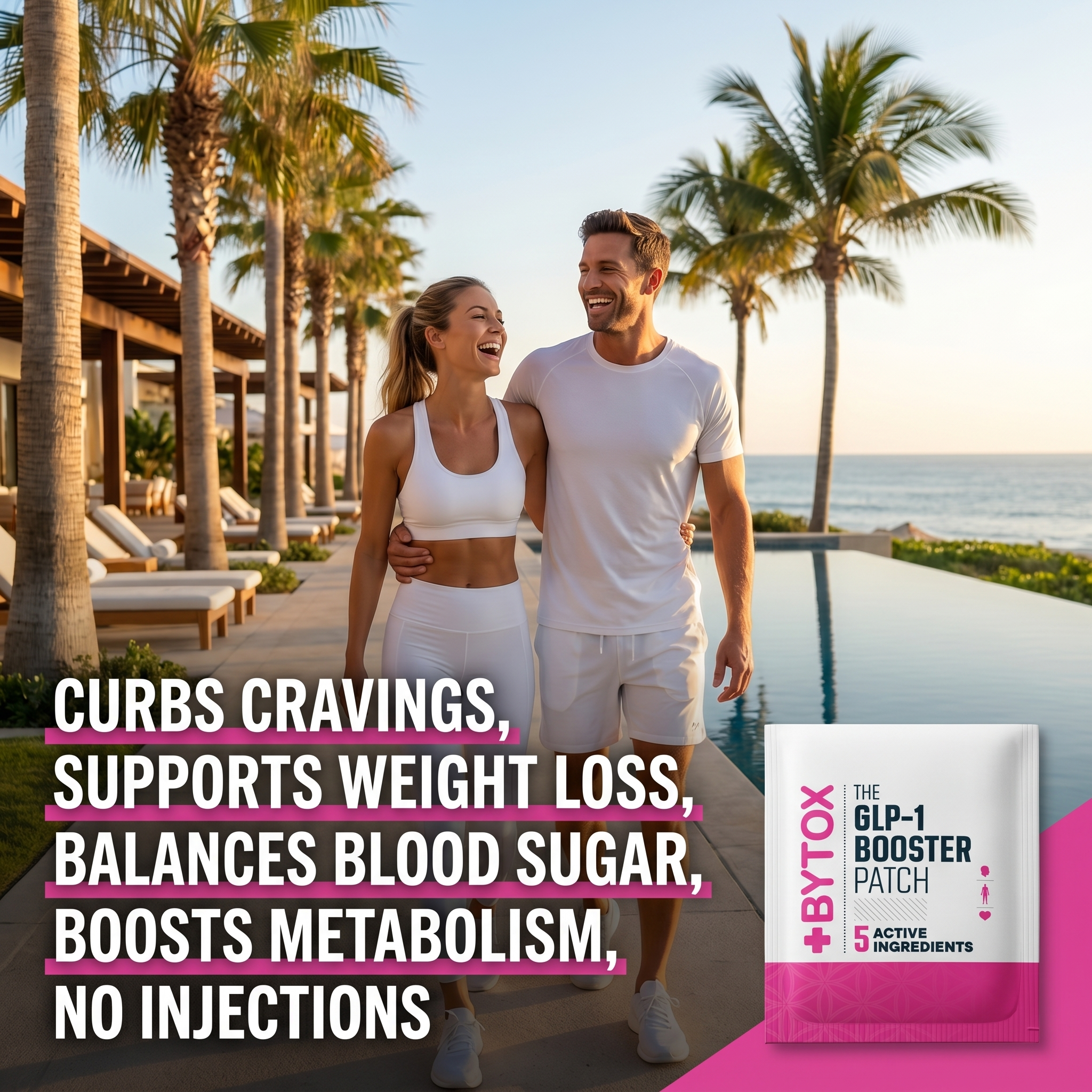 Couple walking by a pool with palm trees and ocean view, promoting Bytox GLP-1 Booster Patch.