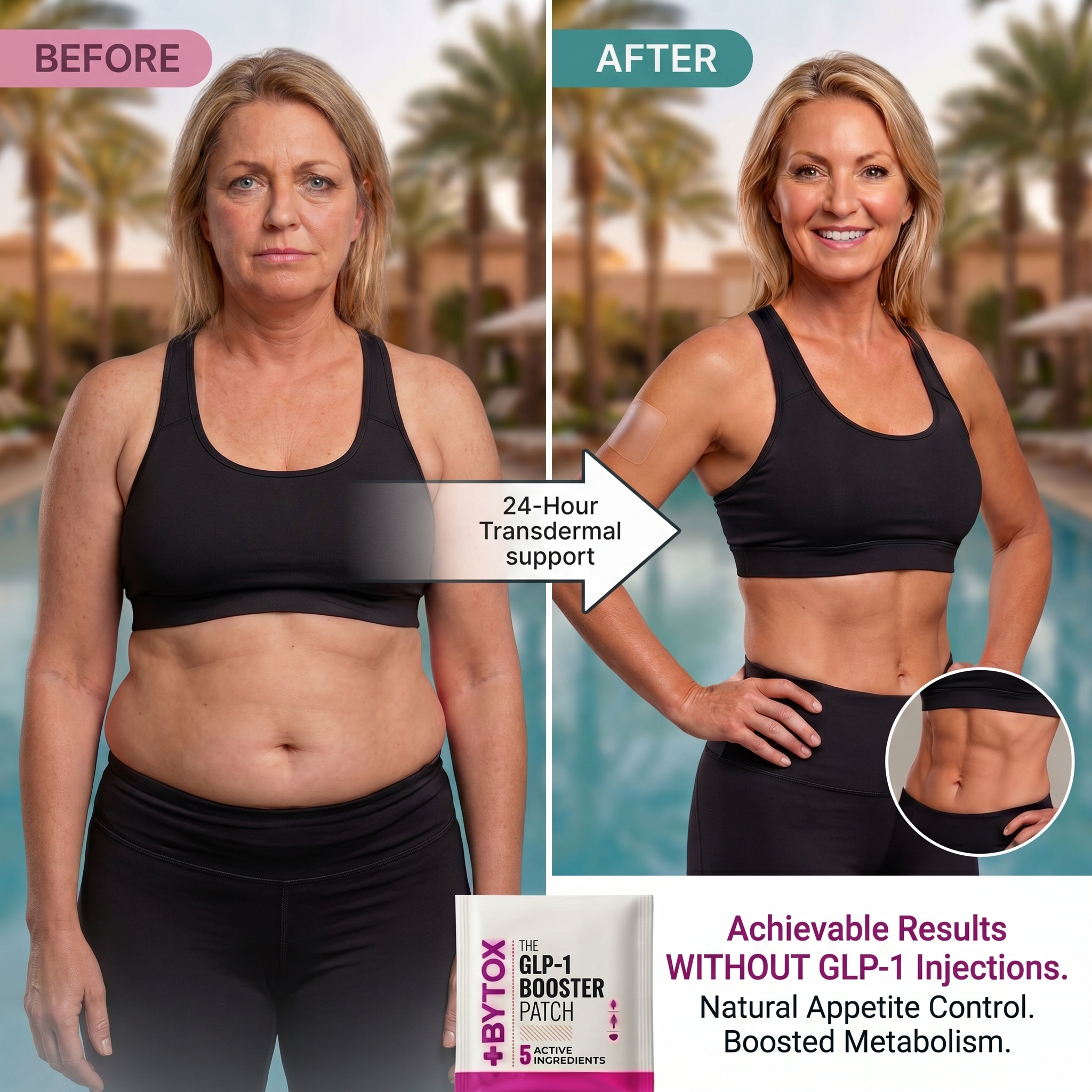 Before and after comparison of a woman with a GLP-1 booster patch, showing improved fitness and metabolism.