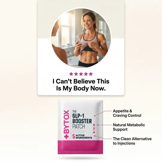 BYTOX GLP-1 Booster Patch packaging with a woman showing her toned abs in a circular inset.